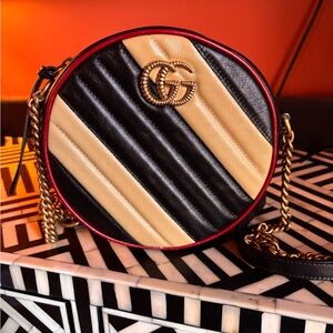 Gucci Marmont Black/Tan Striped Round Crossbody Bag with Red Detailing